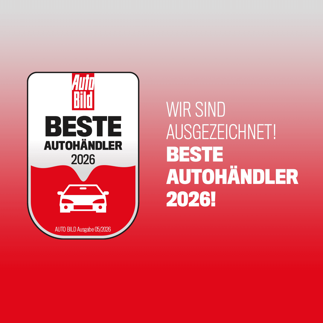 AUTO BILD Siegel „Beste Autohändler 2026“ mit dem Schriftzug „Wir sind ausgezeichnet! Beste Autohändler 2026!“ auf rotem Hintergrund