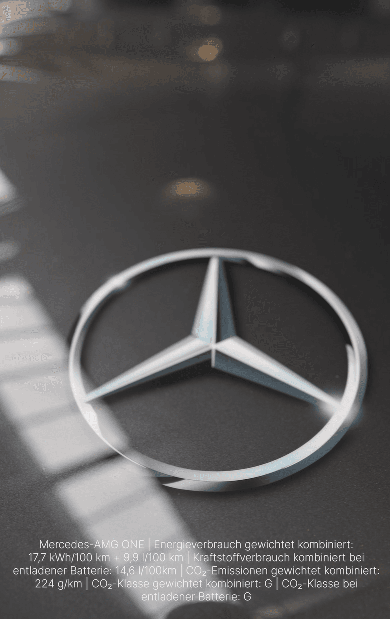 Detailaufnahme des Mercedes Sterns auf der Motorhaube des Fahrzeugs