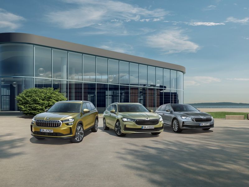 3 Škodas parken vor Autohaus