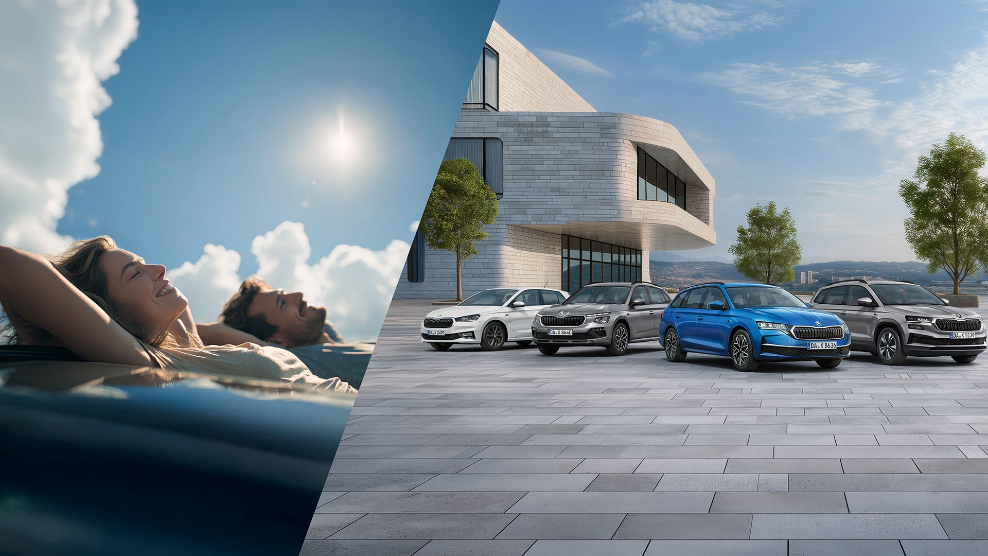 Collage von Skoda-Fahrzeugen und entspannten Menschen